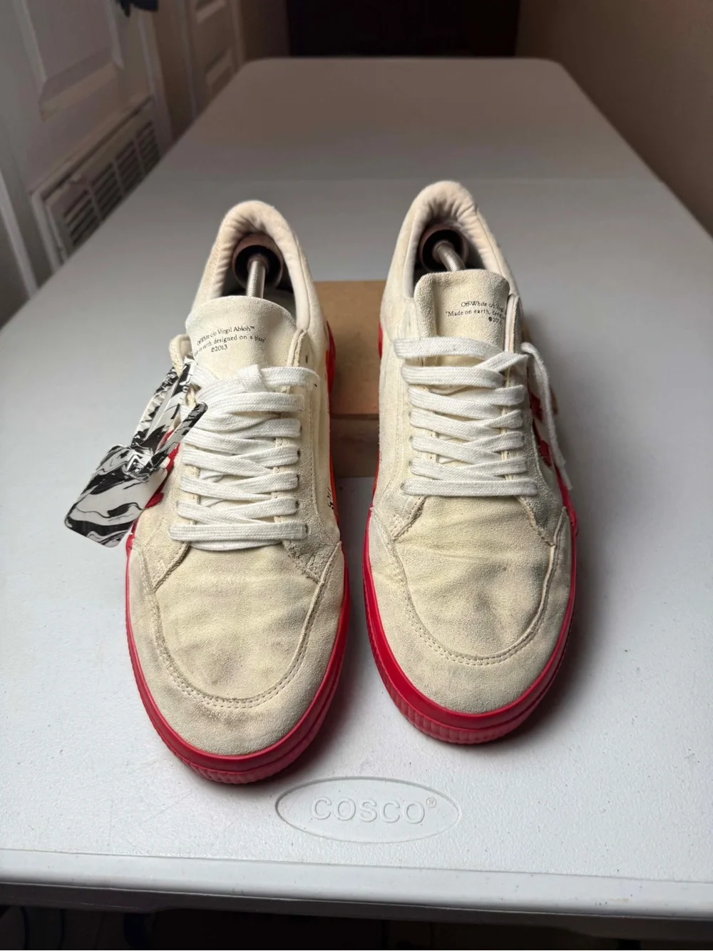 OFF-WHITE White Suede & Red Vulcanized Heel Low-Top Men's Sneakers Sz 45 / US 12